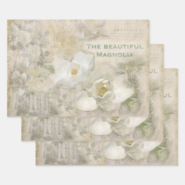Beautiful Magnolia Vintage Collage Wrapping Paper Sheets (Set)
