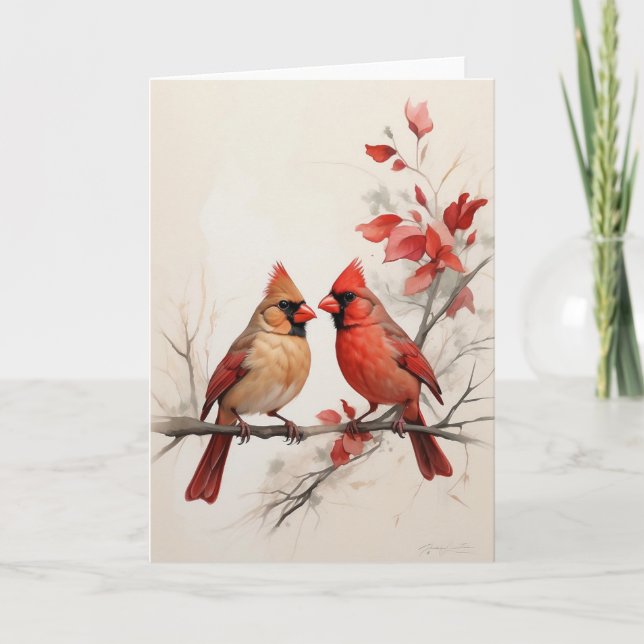 Beautiful Male Female Red Cardinals Painting Blank Card (Front)