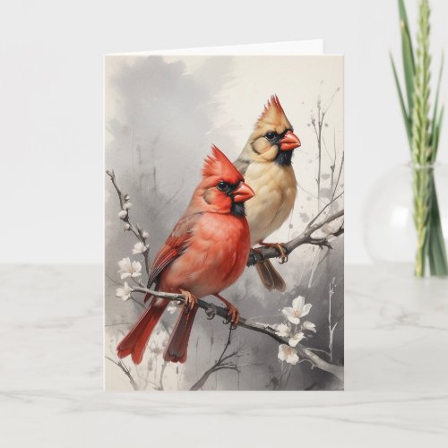Beautiful Male Female Red Cardinals Painting Blank Card