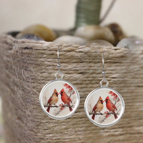 Beautiful Male Female Red Cardinals Painting  Earrings