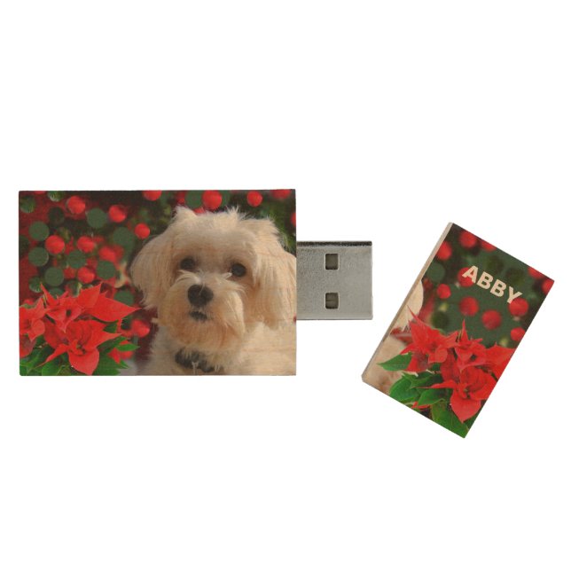 Beautiful Maltese Dog & Editable Name Wood Flash Drive (Opened)