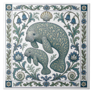 Beautiful Manatee Mom And Baby Vintage Ornate Ceramic Tile