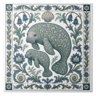 Beautiful Manatee Mom And Baby Vintage Ornate Ceramic Tile