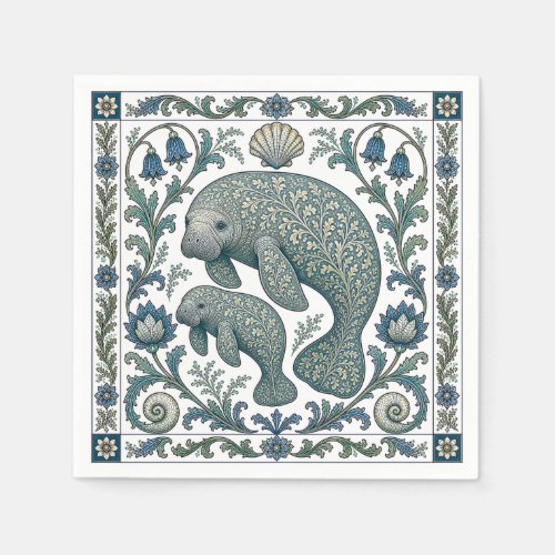Beautiful Manatee Mom And Baby Vintage Ornate  Napkins