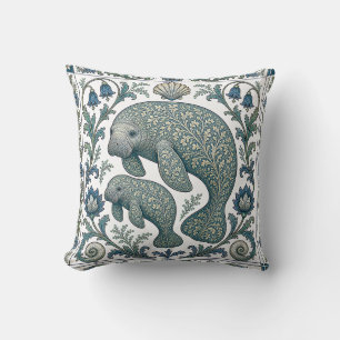 Beautiful Manatee Mom And Baby Vintage Ornate Throw Pillow