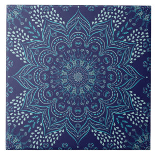 Beautiful mandala ceramic tile navy blue, teal