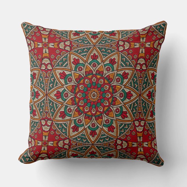 Beautiful Mandala Design Red, Teal, Orange Pillow (Front)