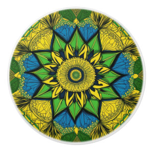 Beautiful Mandala, green, blue, yellow Ceramic Knob