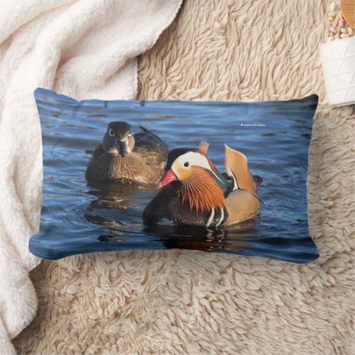 Beautiful Mandarin and Wood Ducks at the Pond Lumbar Pillow