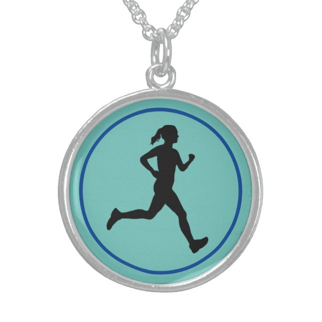 Beautiful Marathon Runner, Running Woman Sterling Silver Necklace (Front)