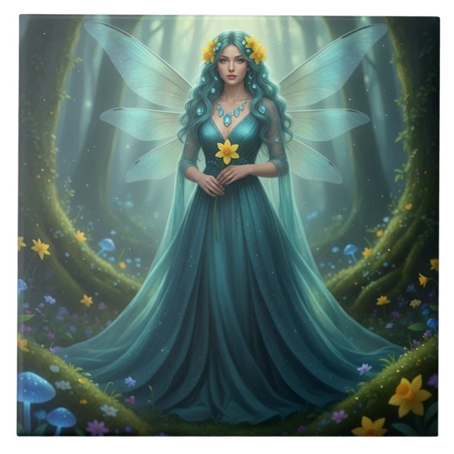 Beautiful March Aquamarine Fairy Ceramic Tile (Front)