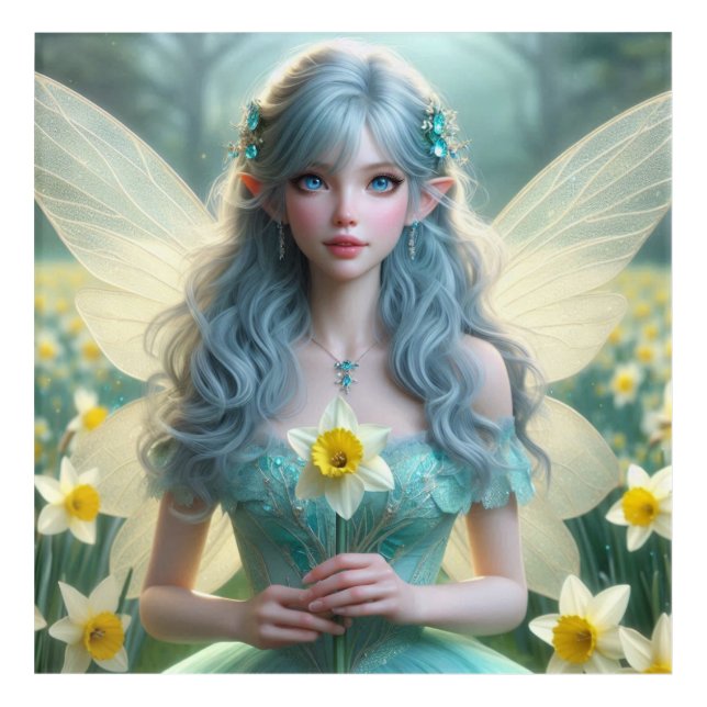 Beautiful March Fairy in Daffodils Acrylic Print (Front)