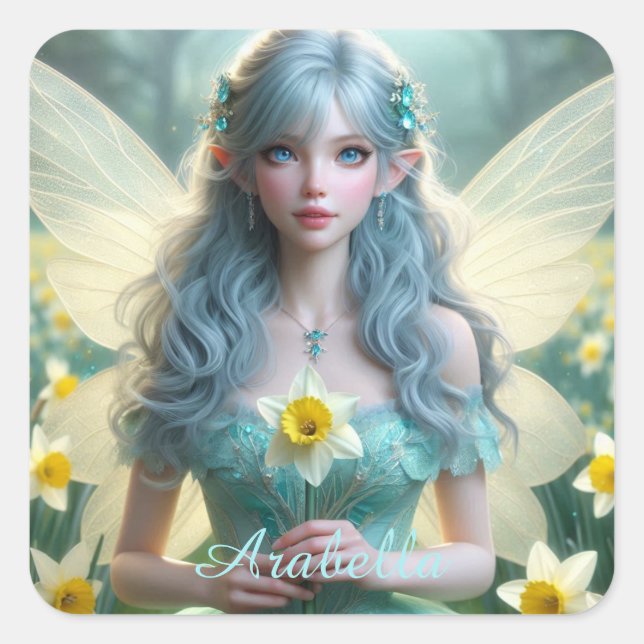 Beautiful March Fairy in Daffodils Square Sticker (Front)