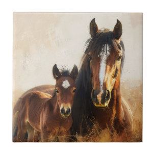 Beautiful Mare and Foal Painting Ceramic Tile