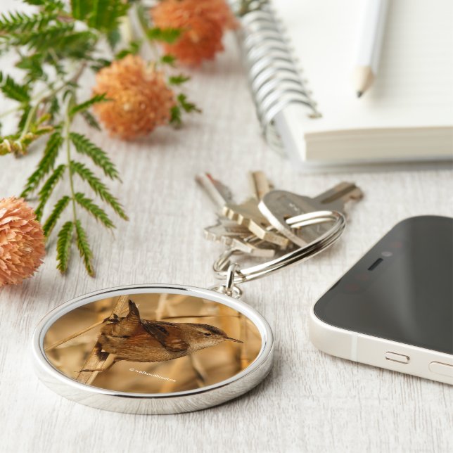 Beautiful Marsh Wren Songbird in the Marsh Keychain (Side)