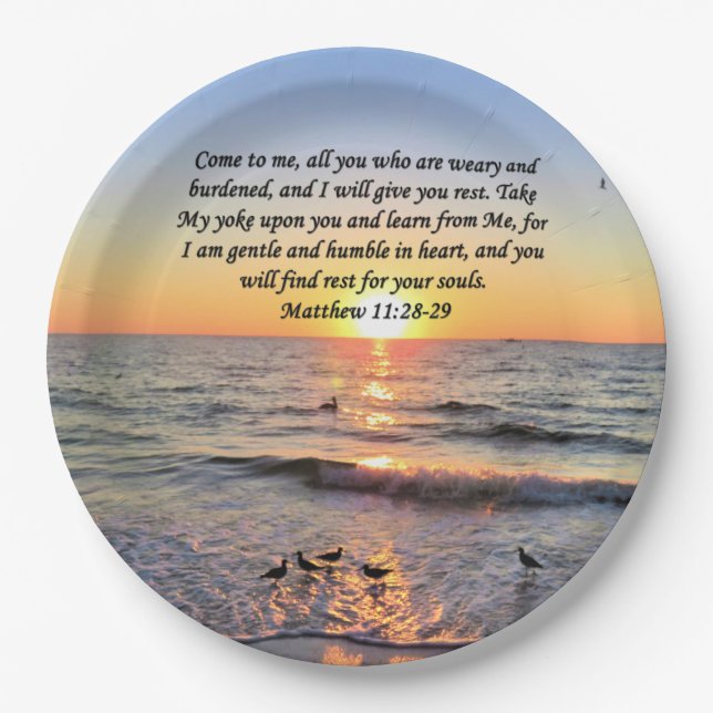 BEAUTIFUL MATTHEW 11:28 SUNRISE PHOTO DESIGN PAPER PLATES (Front)