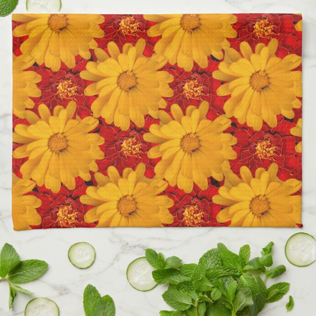 Beautiful Medley of Red Yellow Marigold Flowers Kitchen Towel (Folded)