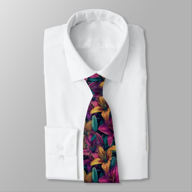 Beautiful Men Gifts Lilies Floral Neck Tie (Tied)