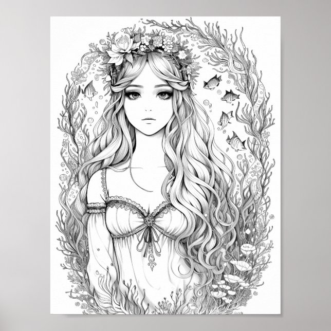 Beautiful Mermaid Adult Coloring Poster (Front)