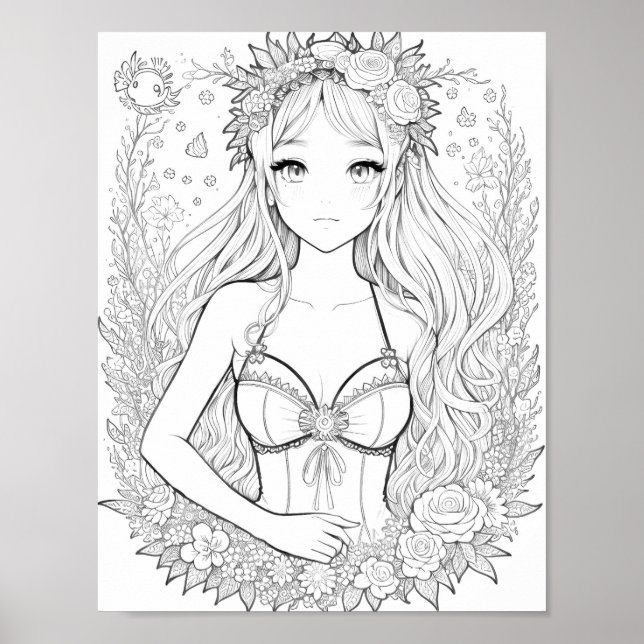Beautiful Mermaid Adult Coloring Poster (Front)