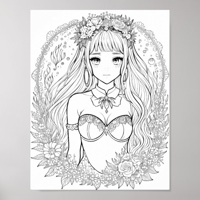 Beautiful Mermaid Adult Coloring Poster (Front)