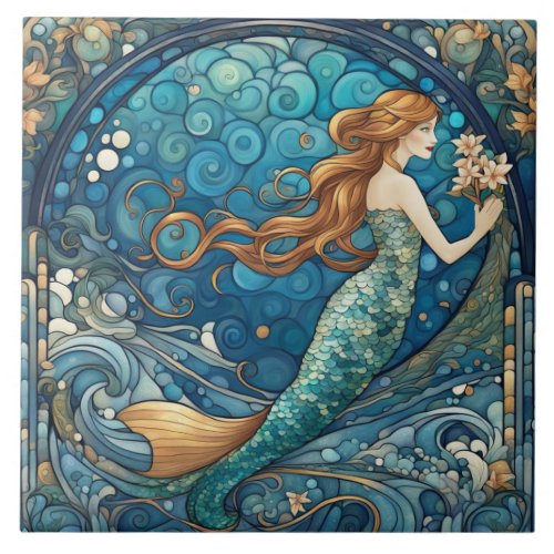Beautiful Mermaid Art Nouveau Art Deco Style Blue Ceramic Tile