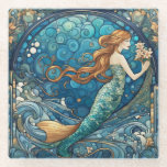 Beautiful Mermaid Art Nouveau Art Deco Style Blue Glass Coaster<br><div class="desc">mermaid, room decor for swimmer girls, women who love to swim, aqua blue turquoise cartoon, teal green ceramic tiles, beautiful ocean tile art, woman under the sea, pretty marine lady underwater, art nouveau art deco style, klimt mucha swimming girl</div>