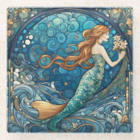 Beautiful Mermaid Art Nouveau Art Deco Style Blue