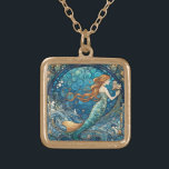 Beautiful Mermaid Art Nouveau Art Deco Style Blue Gold Plated Necklace<br><div class="desc">mermaid, kids room for swimmer girls, children who love to swim, aqua blue turquoise cartoon, teal green, beautiful ocean art, woman under the sea, pretty marine lady underwater, art nouveau art deco style, klimt mucha swimming girl</div>