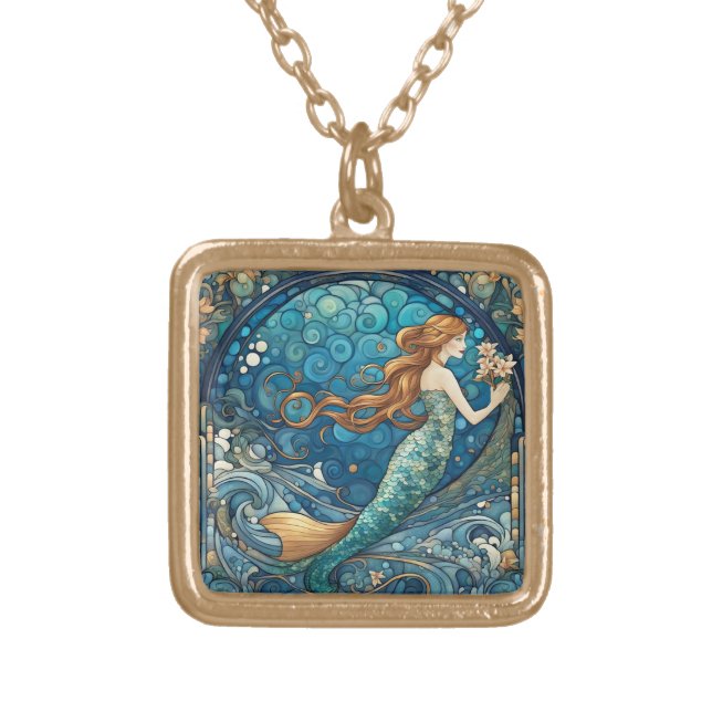 Beautiful Mermaid Art Nouveau Art Deco Style Blue Gold Plated Necklace (Front)