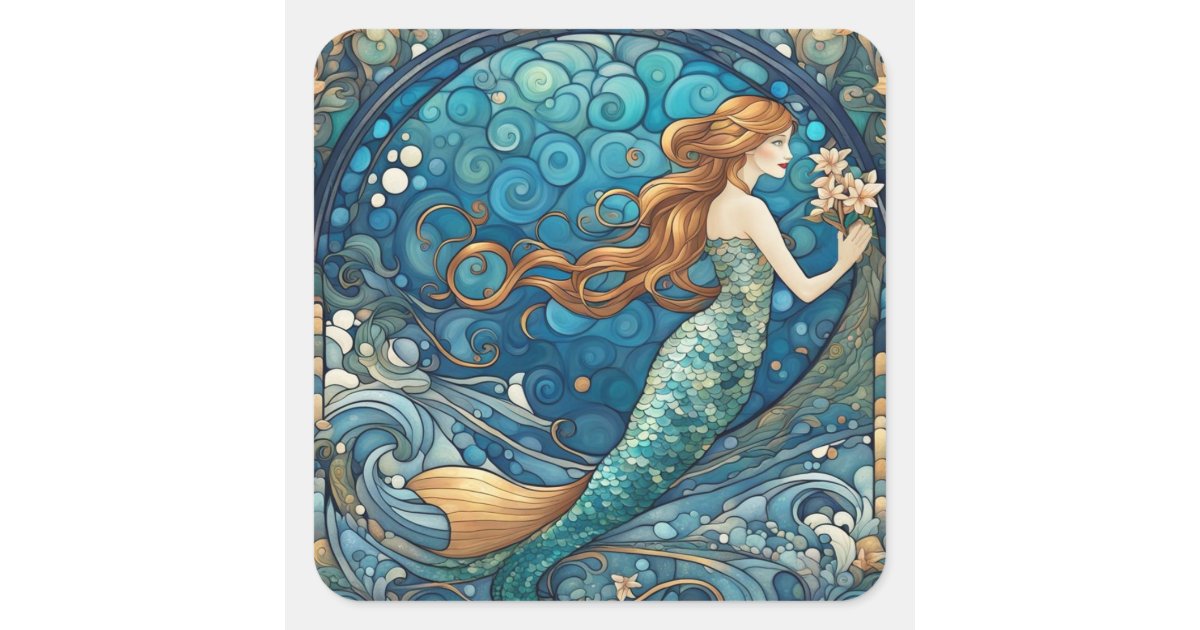Beautiful Mermaid Art Nouveau Art Deco Style Blue Square Sticker | Zazzle