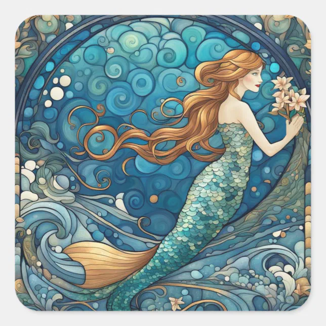 Beautiful Mermaid Art Nouveau Art Deco Style Blue Square Sticker | Zazzle