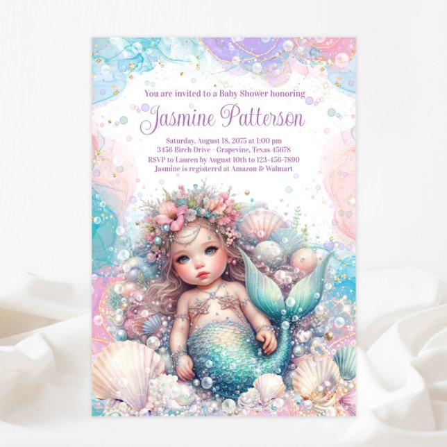 Beautiful Mermaid Baby Girl Shower Invitation (Creator Uploaded)