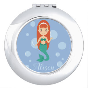 Beautiful mermaid cartoon girl personalized name compact mirror