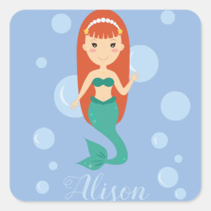 Beautiful mermaid cartoon girl personalized name square sticker