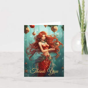 Beautiful Mermaid Christmas Holiday Letterpress Thank You Card