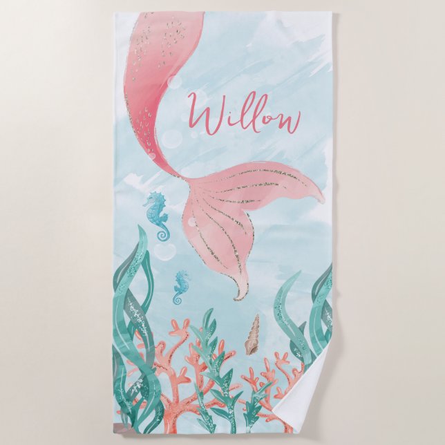 Beautiful Mermaid Girl Birthday Beach Towel Favor (Front)