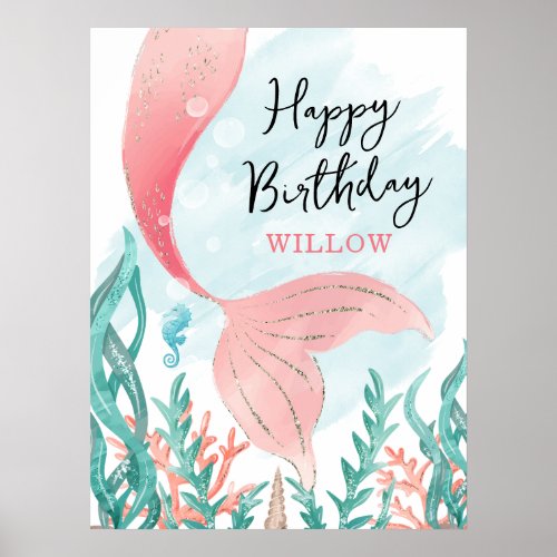 Beautiful Mermaid Girl Birthday Poster Sign