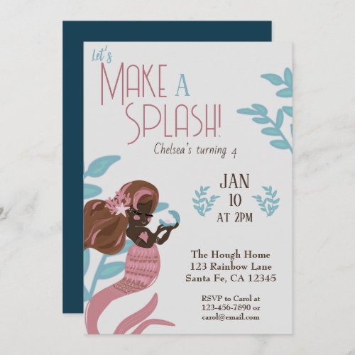 Beautiful Mermaid Girls Birthday Party  Invitation