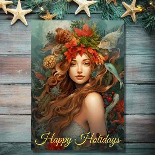 Beautiful Mermaid Happy Holidays Beach Christmas Holiday Card