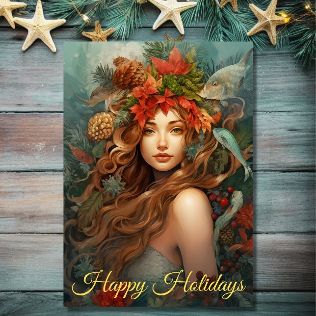 Beautiful Mermaid Happy Holidays Beach Christmas Holiday Card (Front - Beautiful Mermaid Happy Holidays Beach Christmas Holiday Card)