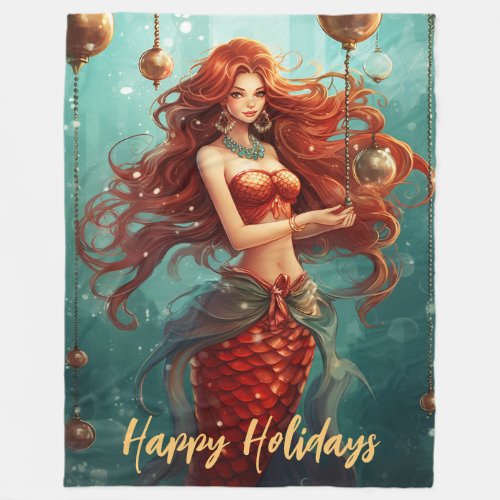 Beautiful Mermaid Happy Holidays Christmas Fleece Blanket