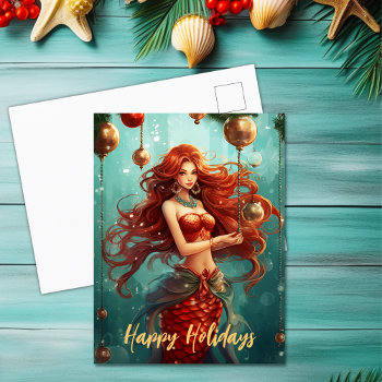 Beautiful Mermaid Happy Holidays Christmas Holiday Postcard by TheBeachBum at Zazzle
