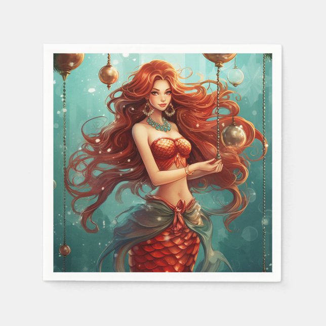 Beautiful Mermaid Happy Holidays Christmas Napkins (Front)