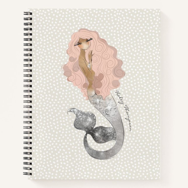Beautiful Mermaid in Pink Hair with Your Name Notebook (Front)