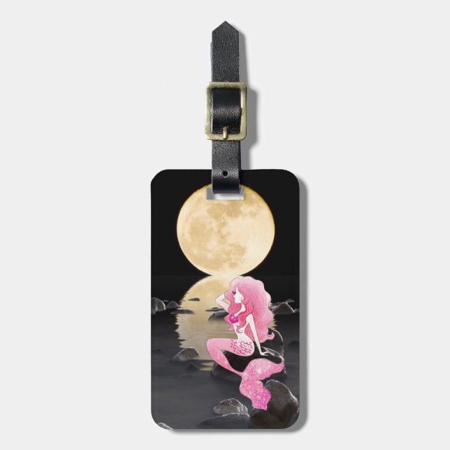 Beautiful Mermaid in Pink with Full Moon Beach Luggage Tag (Front Vertical)