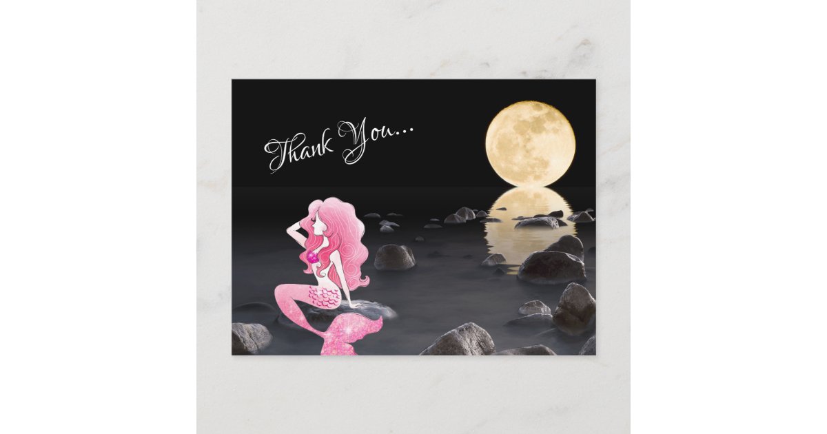 Beautiful Mermaid in Pink with Full Moon Thank You Postcard | Zazzle