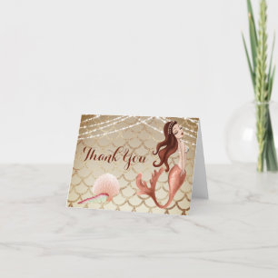 Beautiful Mermaid in Rose Gold and Seashells Letterpress Thank You Card