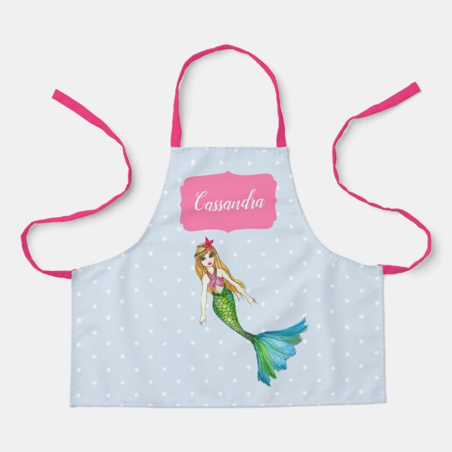 Beautiful Mermaid Light Blue White Polka Dots Apron (Front)