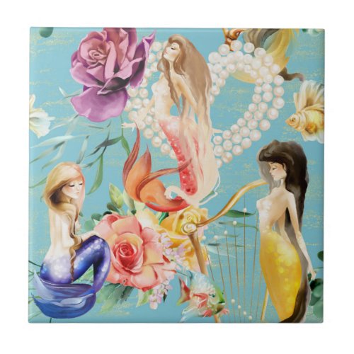 Beautiful Mermaid Nautical  Floral Ceramic Tile
